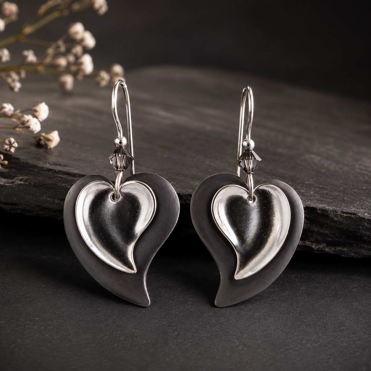 Silver Forest Earrings Silver Black Layered Heart