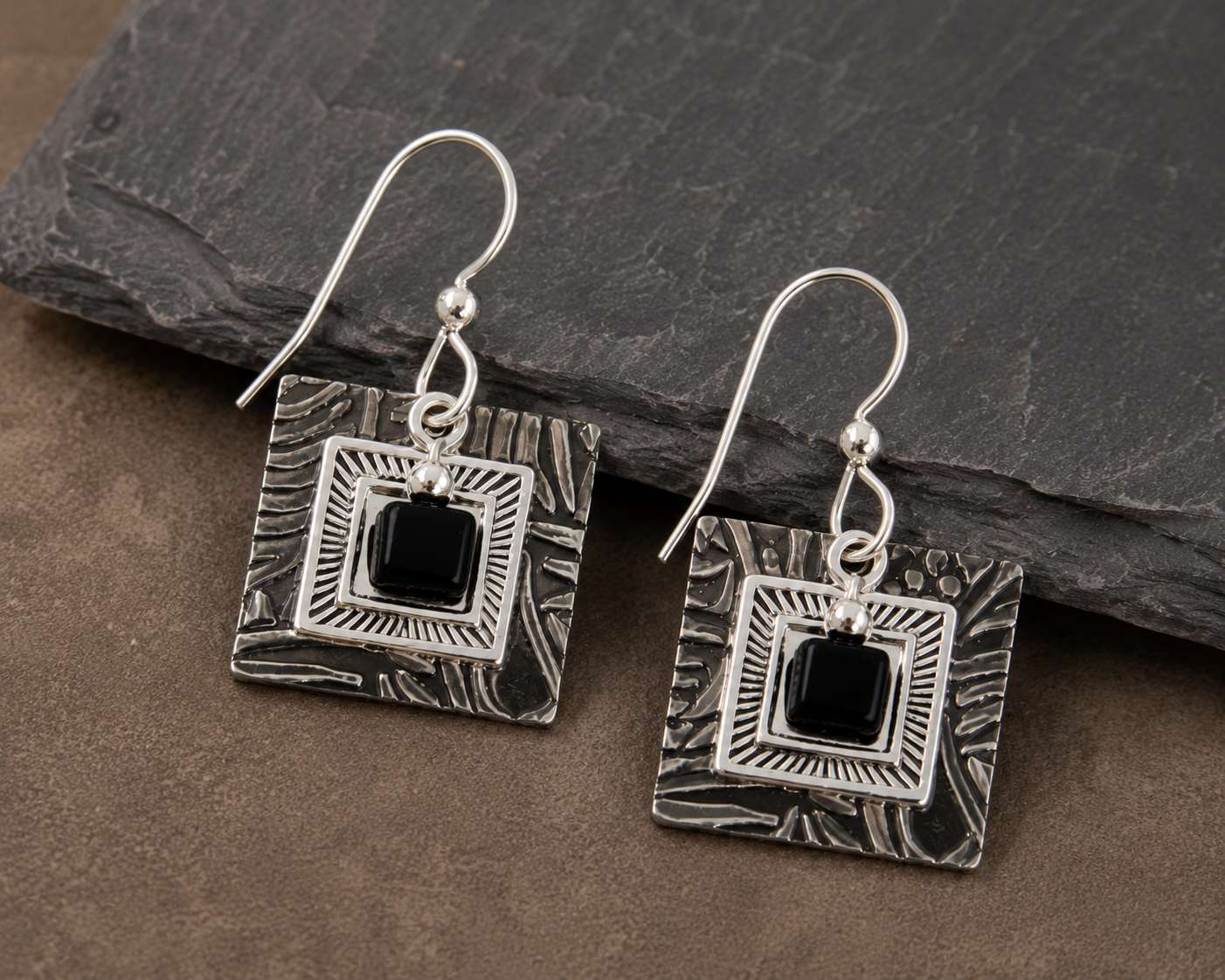 Silver Forest Midnight Mosaic Square Earrings