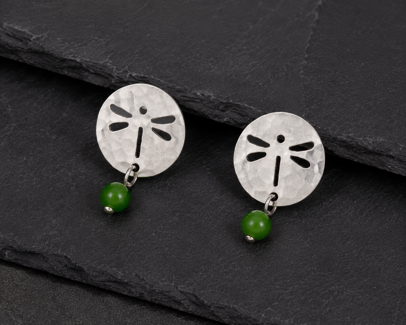 Silver Forest Silver Dragonfly With Green Bead Drop Earrings
