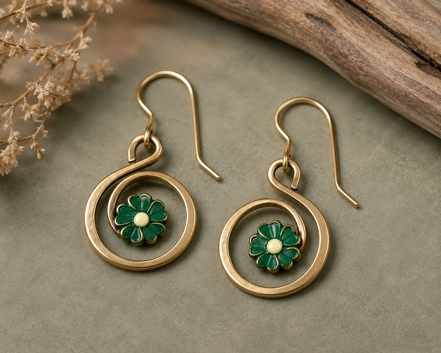 Silver Forest Green Flower Earrings