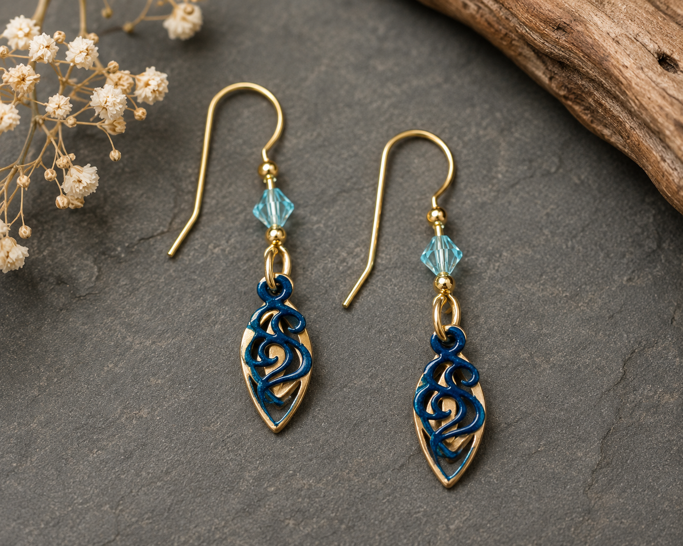 Silver Forest Open Gold Plated Football Shapes with Blue Swirls