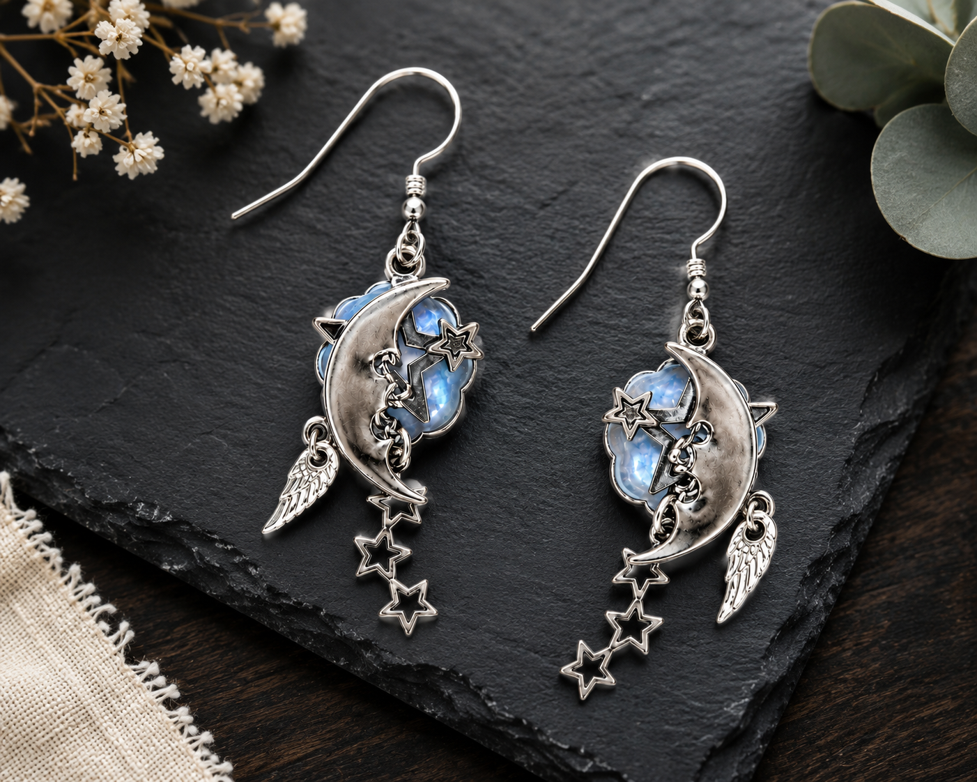 Silver Forest Crescent Moon & Star Earrings E-8937