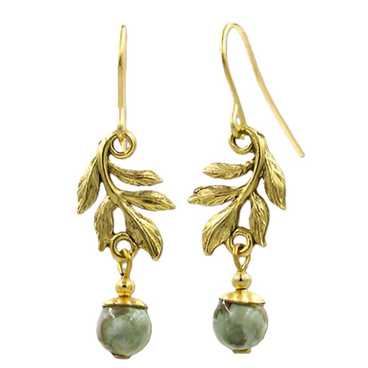 Silver Forest Leaf Swag with Bead Drop pierced Earrings NE-1993