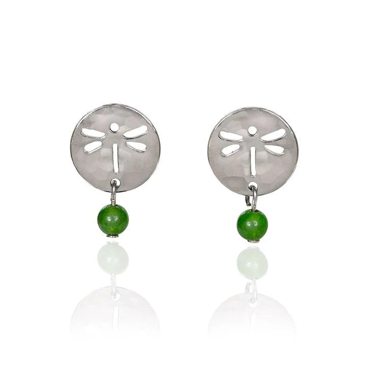 Silver Forest Silver Dragonfly With Green Bead Drop Earrings