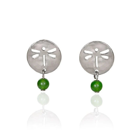 Silver Forest Silver Dragonfly With Green Bead Drop Earrings