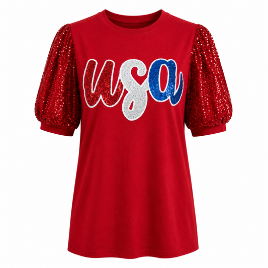 USA Sequin Top with Sequin Puffed Sleeves