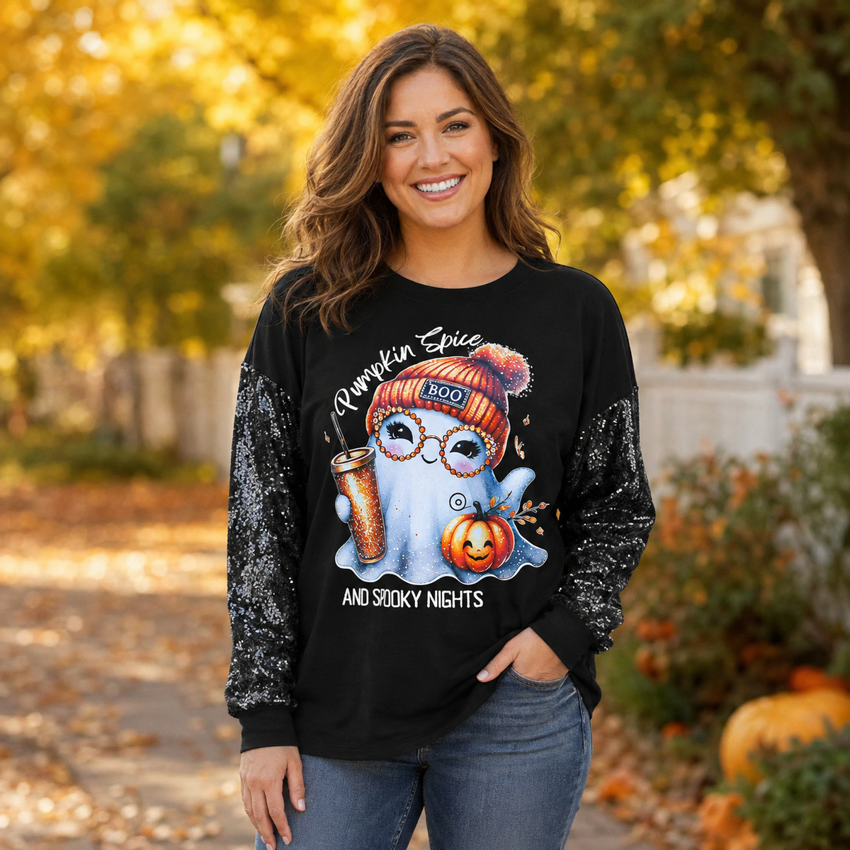 Pumpkin Spice & Spooky Nights Halloween Sequin Top