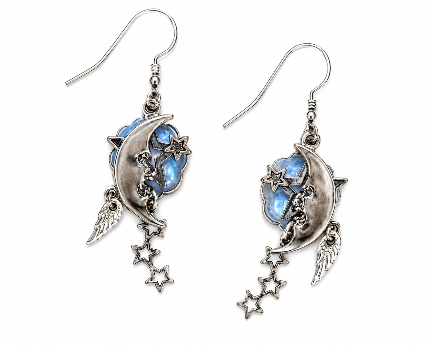Silver Forest Crescent Moon & Star Earrings E-8937
