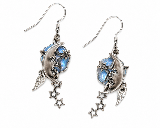 Silver Forest Crescent Moon & Star Earrings E-8937