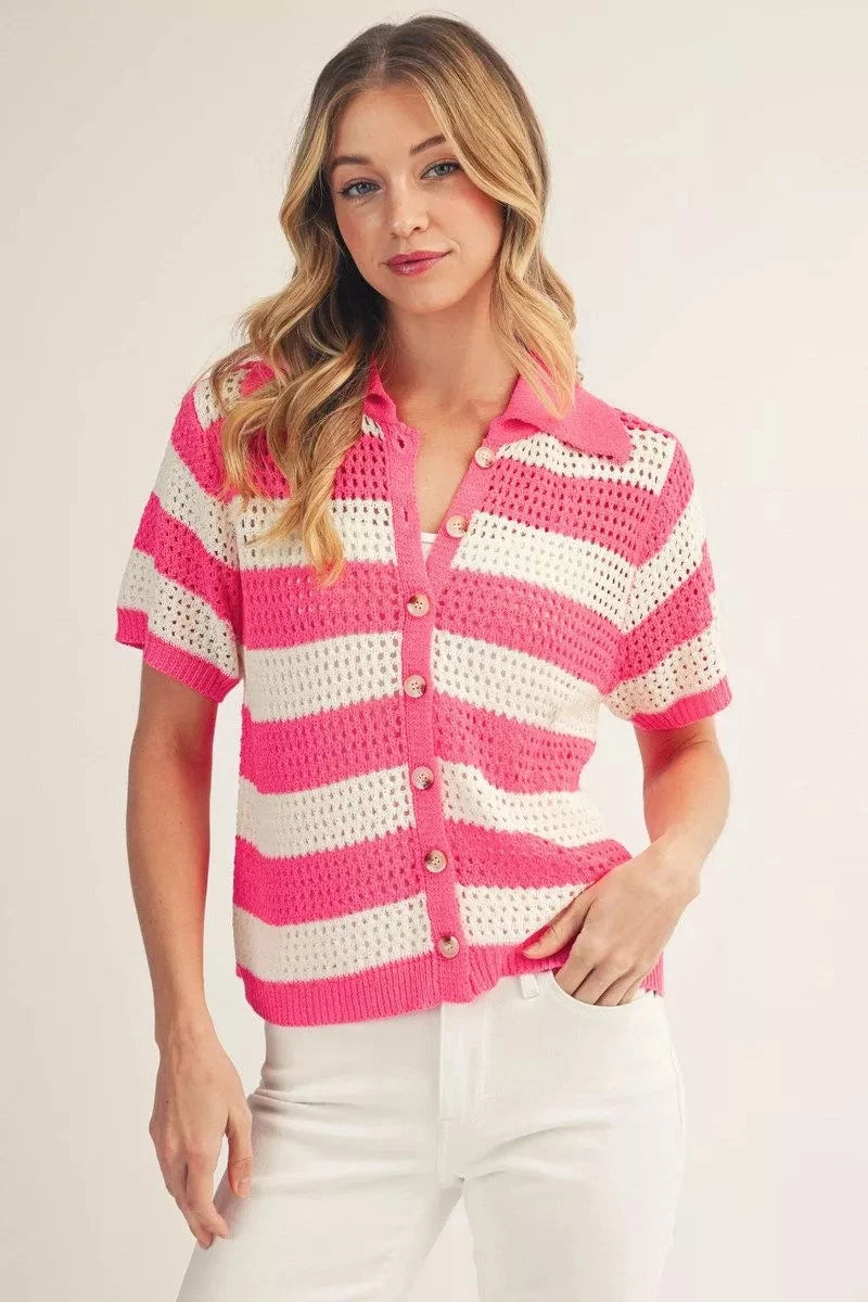 Jodifl Pink Striped Crochet Short Sleeve Cardigan