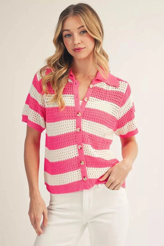 Jodifl Pink Striped Crochet Short Sleeve Cardigan