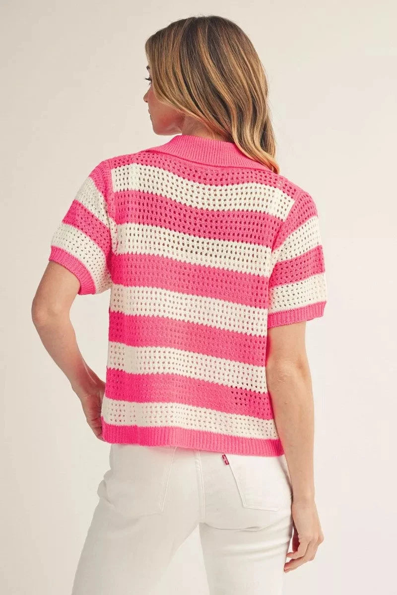 Jodifl Pink Striped Crochet Short Sleeve Cardigan